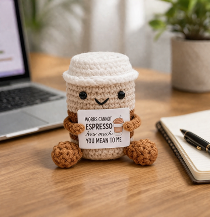 Crocheted coffee cup plush toy with a sign on a wooden desk with a laptop and notebook.