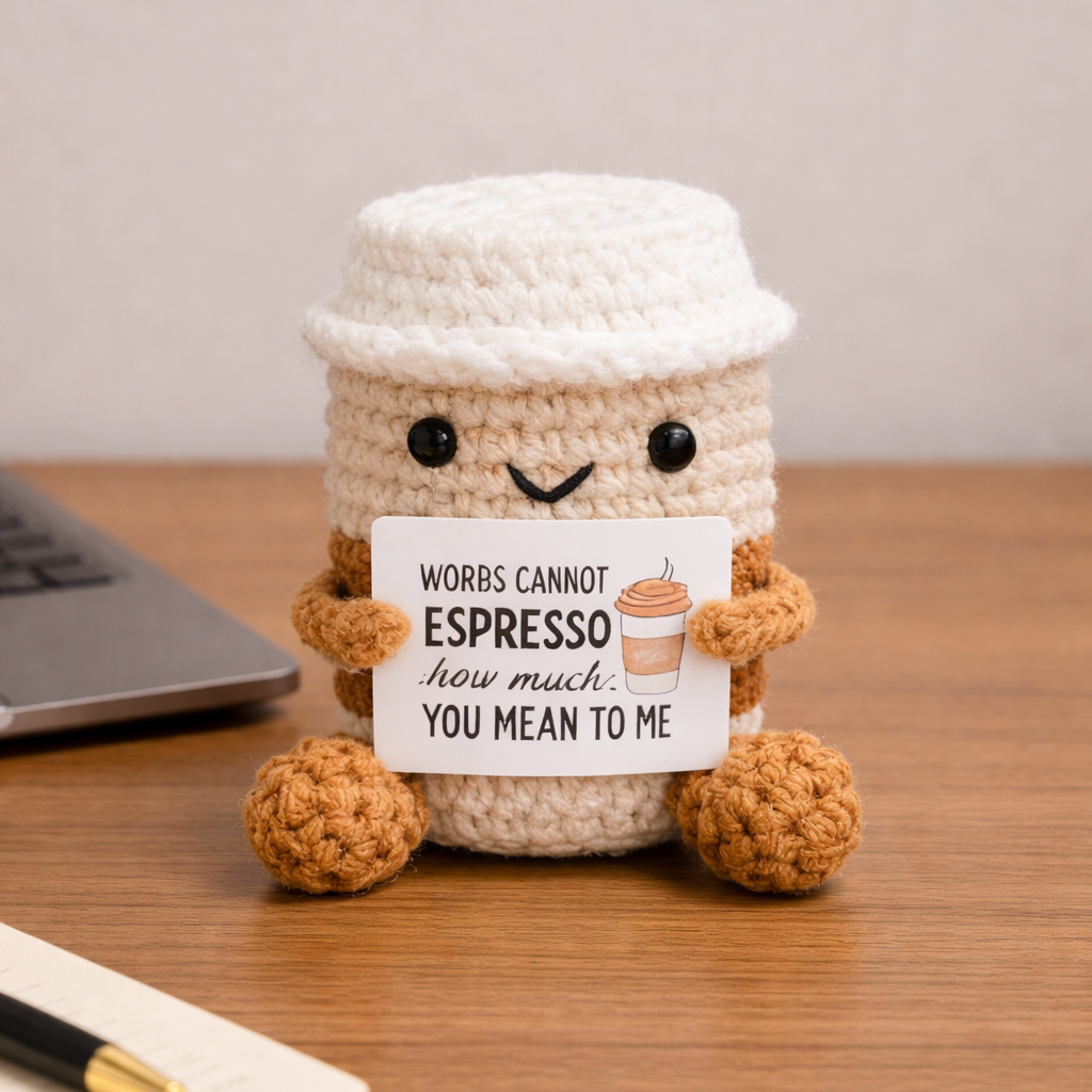 Crocheted coffee cup with a face and humorous message on a wooden surface.