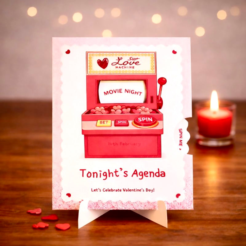 Valentine's Day card with a movie night machine design on a wooden surface with a candle in the background.