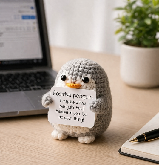 Crocheted penguin holding a sign on a desk with a laptop and plant in the background