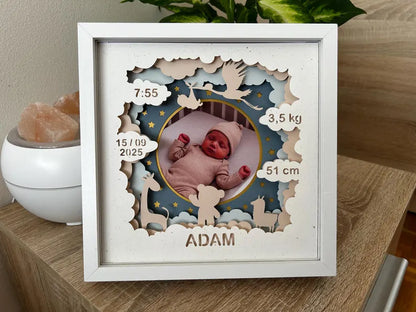 Decorative baby frame with cut-out design, showing a baby's birth details.
