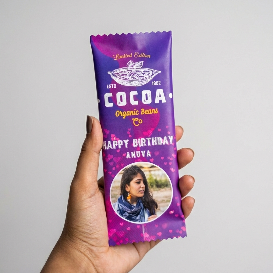 Hand holding a purple cocoa bar with personalized message on a gray background