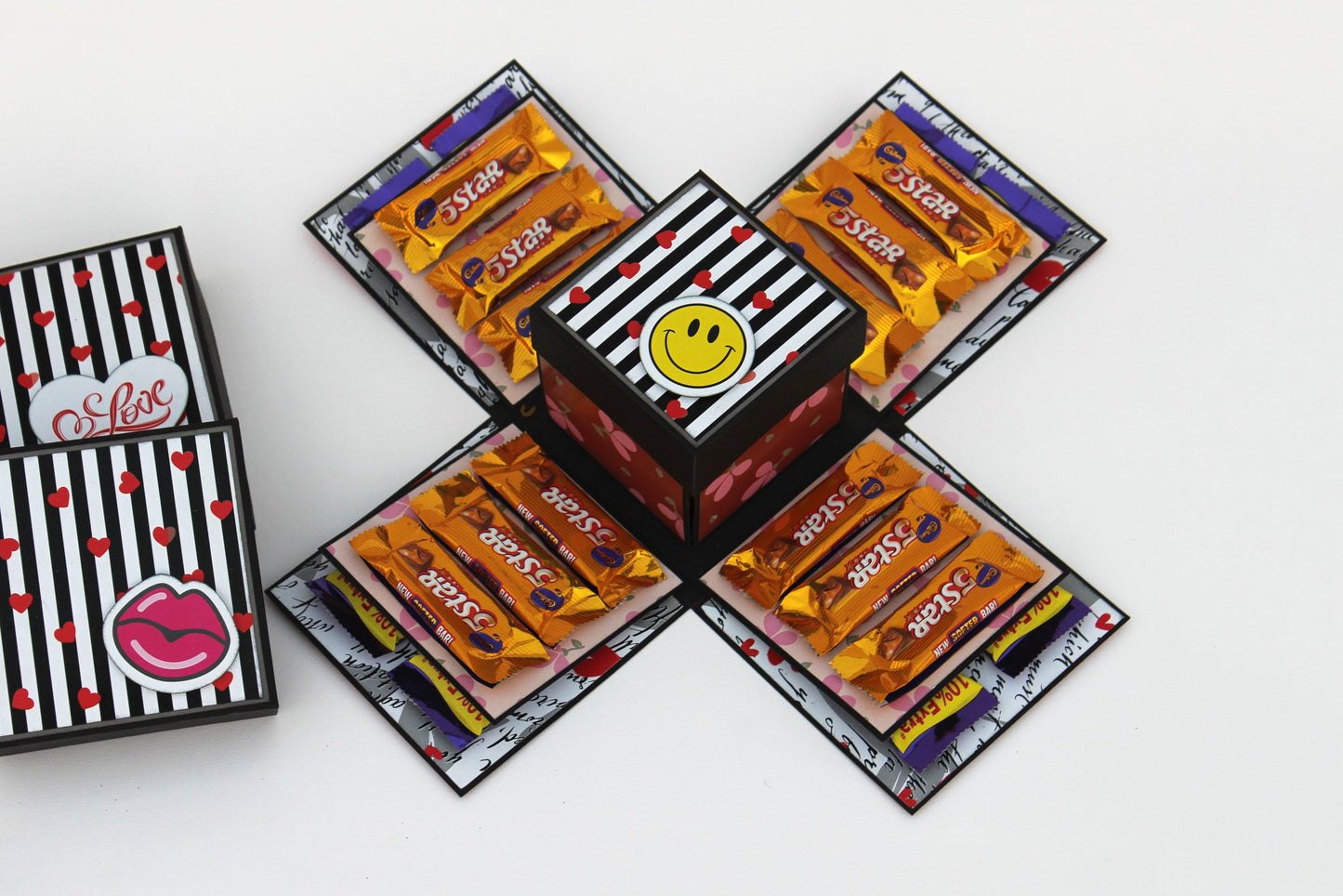 5 Star chocolate explosion box open layout with Cadbury 5 Star bars arranged on panels