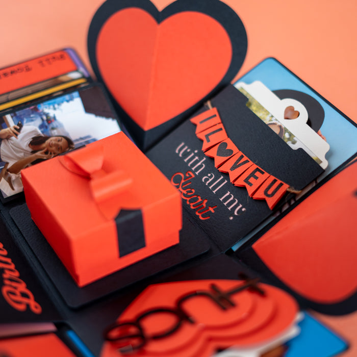 Explosion Box Red Luxe custom photo pocket insert