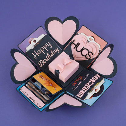 Explosion Box Pink Luxe open with heart-shaped panels and photo inserts