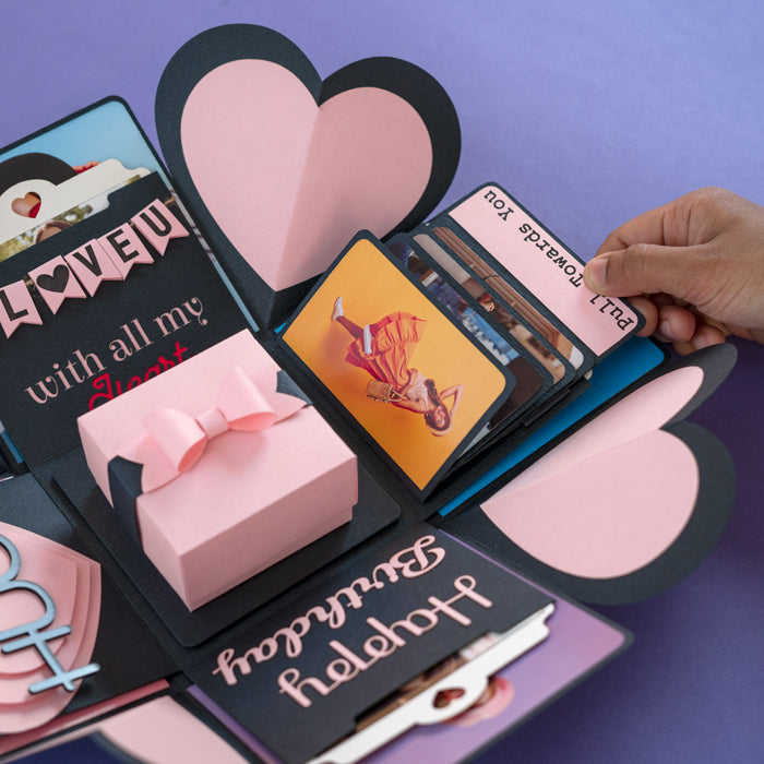 Explosion Box Pink Luxe pull-out photo section with layered cards