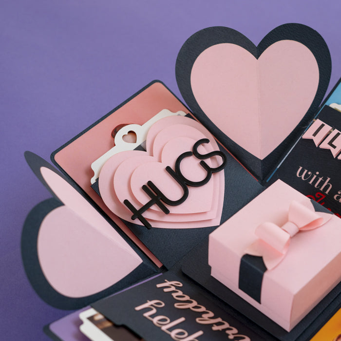 Explosion Box Pink Luxe layered heart element with HUGS text