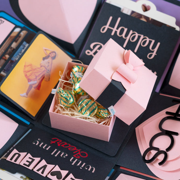 Explosion Box Pink Luxe central compartment with chocolates